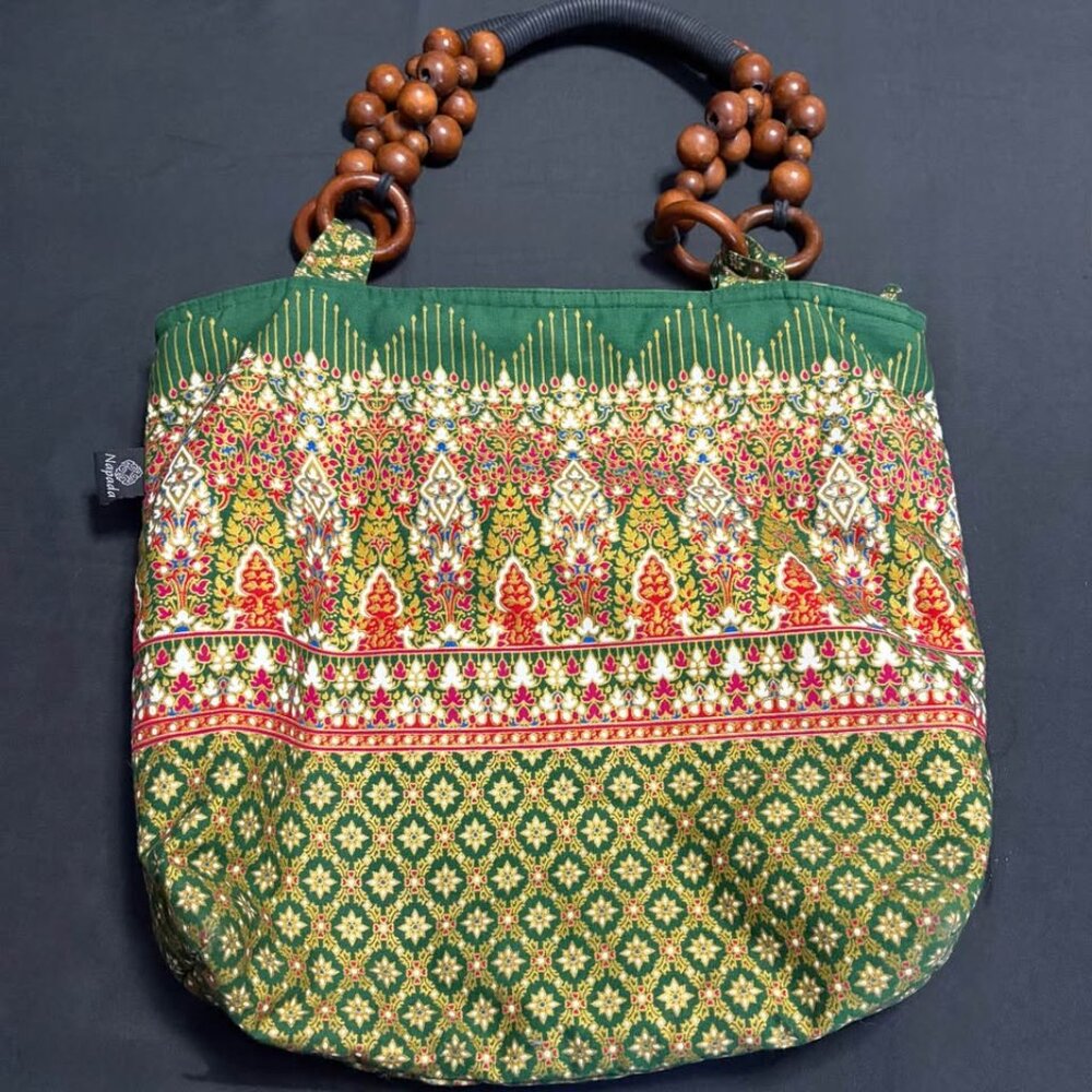 Napada Handmade Boho Bag Fabric Purse Beaded Handle Made in Thailand‎ Green Gold